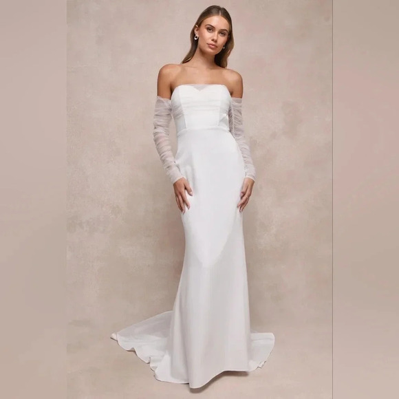 Lulu's Eternal Bliss White Tulle Off-the-Shoulder Bustier Maxi Dress XL Bridal - Picture 2 of 12